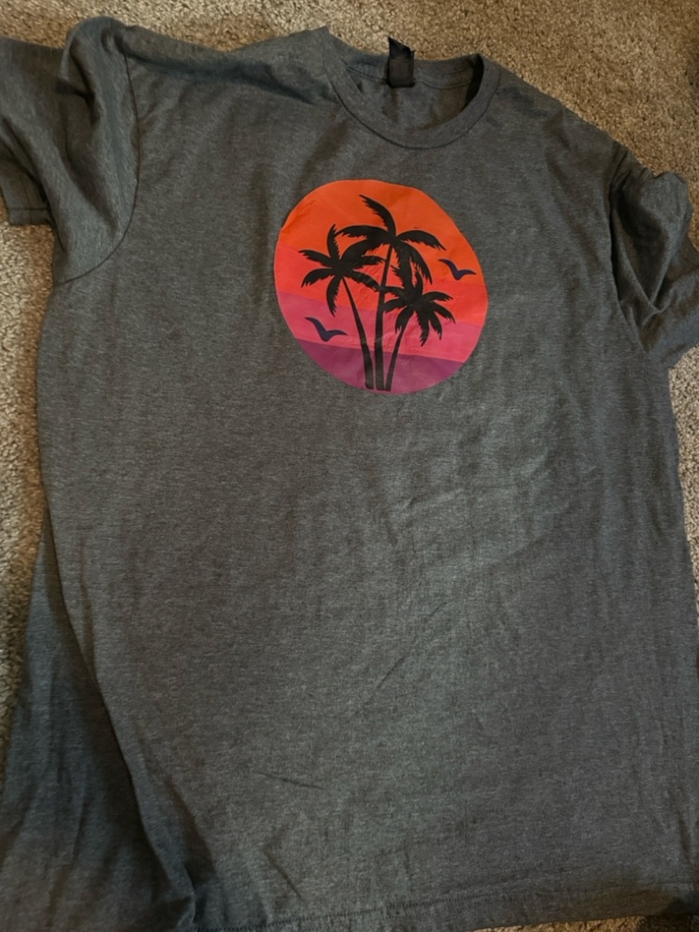 Gray Tee with Orange-Pink Sunset Palm Graphic